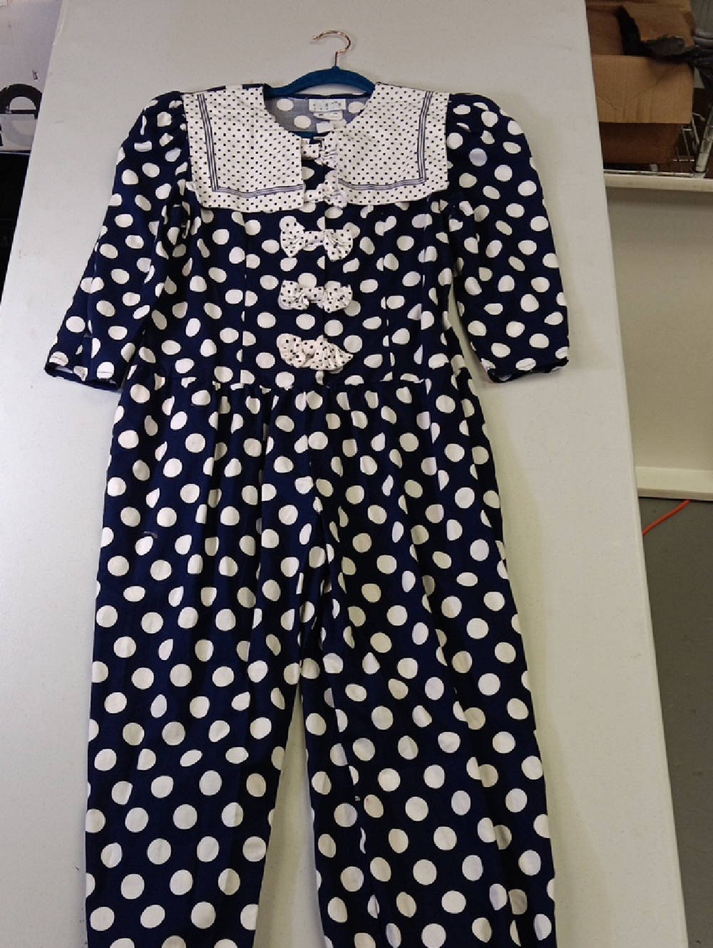 Navy Blue Polka Dot Jumpsuit with Contrast White Sailor Collar. Vintage
